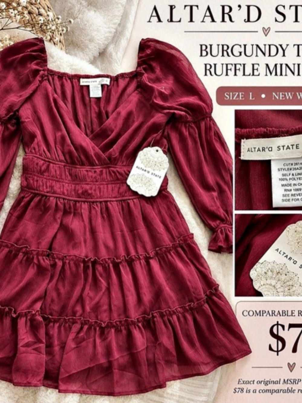 Altar'd State Burgundy Tiered Ruffle Long Sleeve Dress L NWT